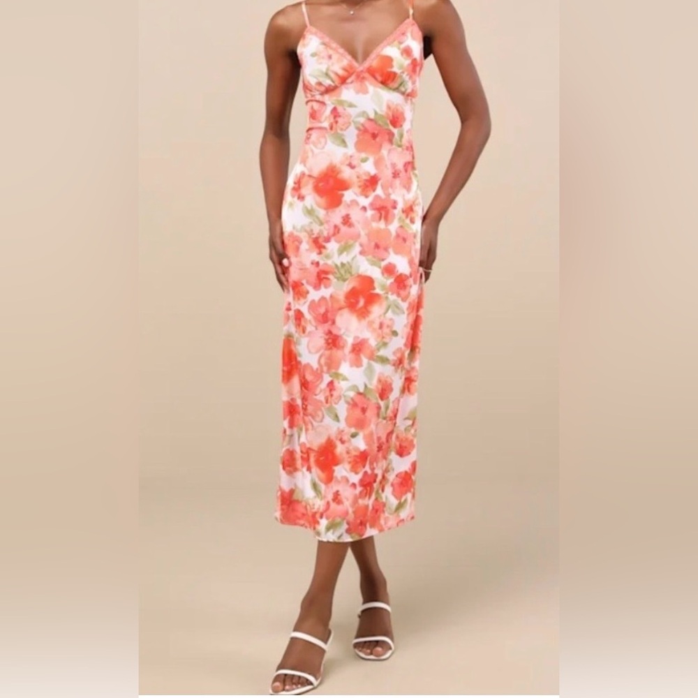 Lulus Women Mattie Orange
Floral Satin Lace Midi Slip Dress